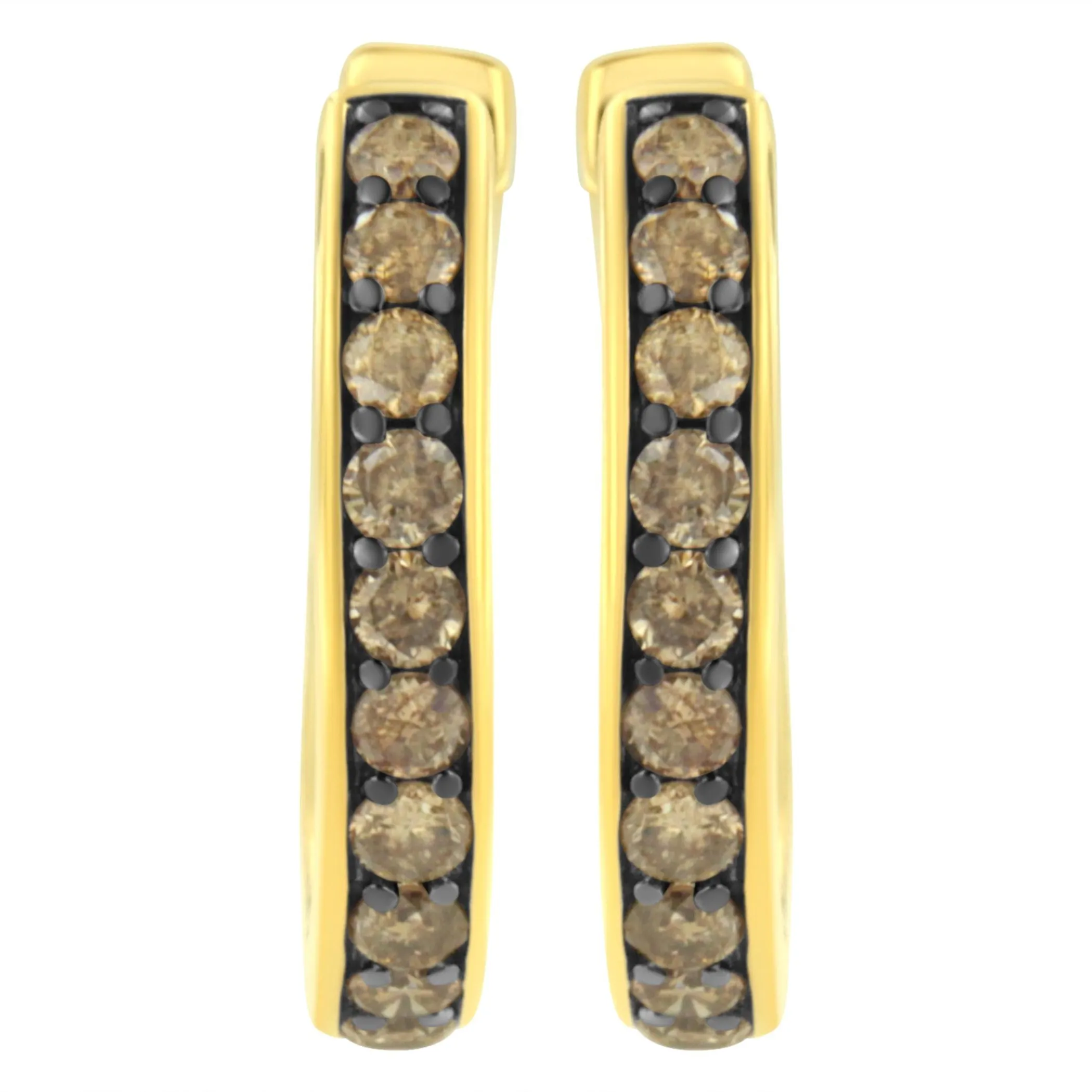 10K Yellow Gold and Black Rhodium Plated 1.0 Cttw Round-Cut Diamond Hoop Earrings (Champagne Color, I1-I2 Clarity)
