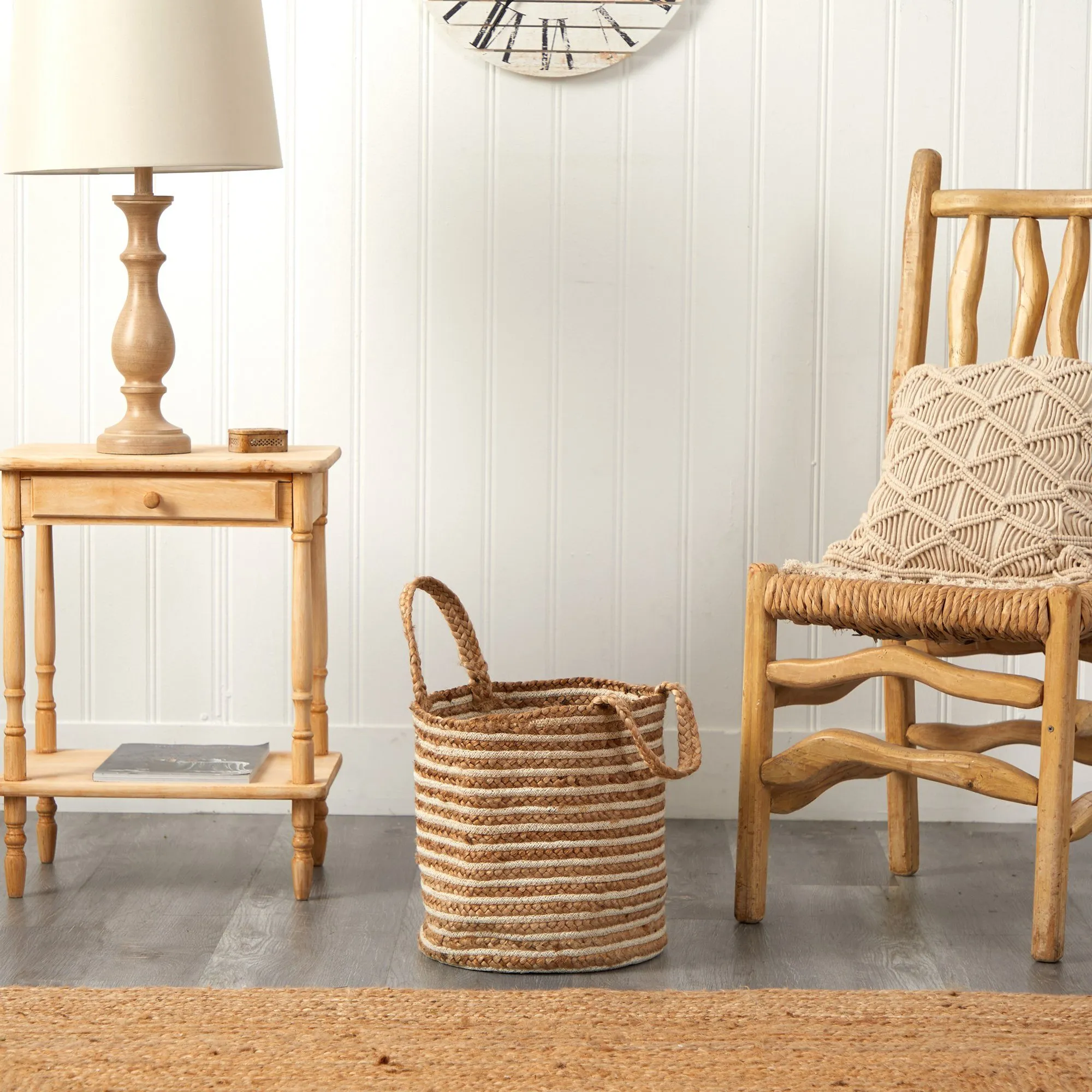 14” Boho Chic Basket Natural Cotton and Jute, Handwoven Stripe with Handles