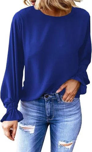 Dokotoo Long Sleeve Shirts for Women 2024 Fashion Fall Ruffle Bubble Sleeve Casual Loose Tops and Blouses