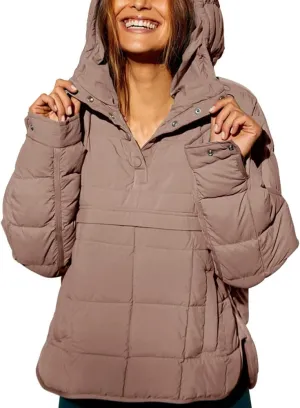 Fazortev Womens Oversized Puffer Jacket Quilted Dolman Hoodies Pullover Long Sleeve Lightweight Warm Tops Coat