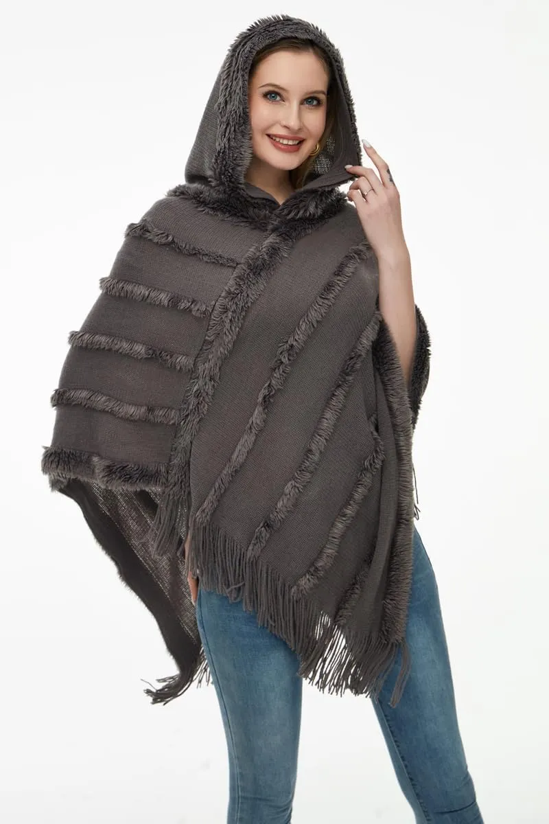Ferand Ponchos for Women, Fuzzy Knitted Shawl with Fringe, Cozy and Striped Poncho Sweater for Fall and Winter