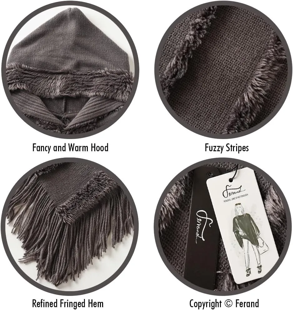 Ferand Ponchos for Women, Fuzzy Knitted Shawl with Fringe, Cozy and Striped Poncho Sweater for Fall and Winter
