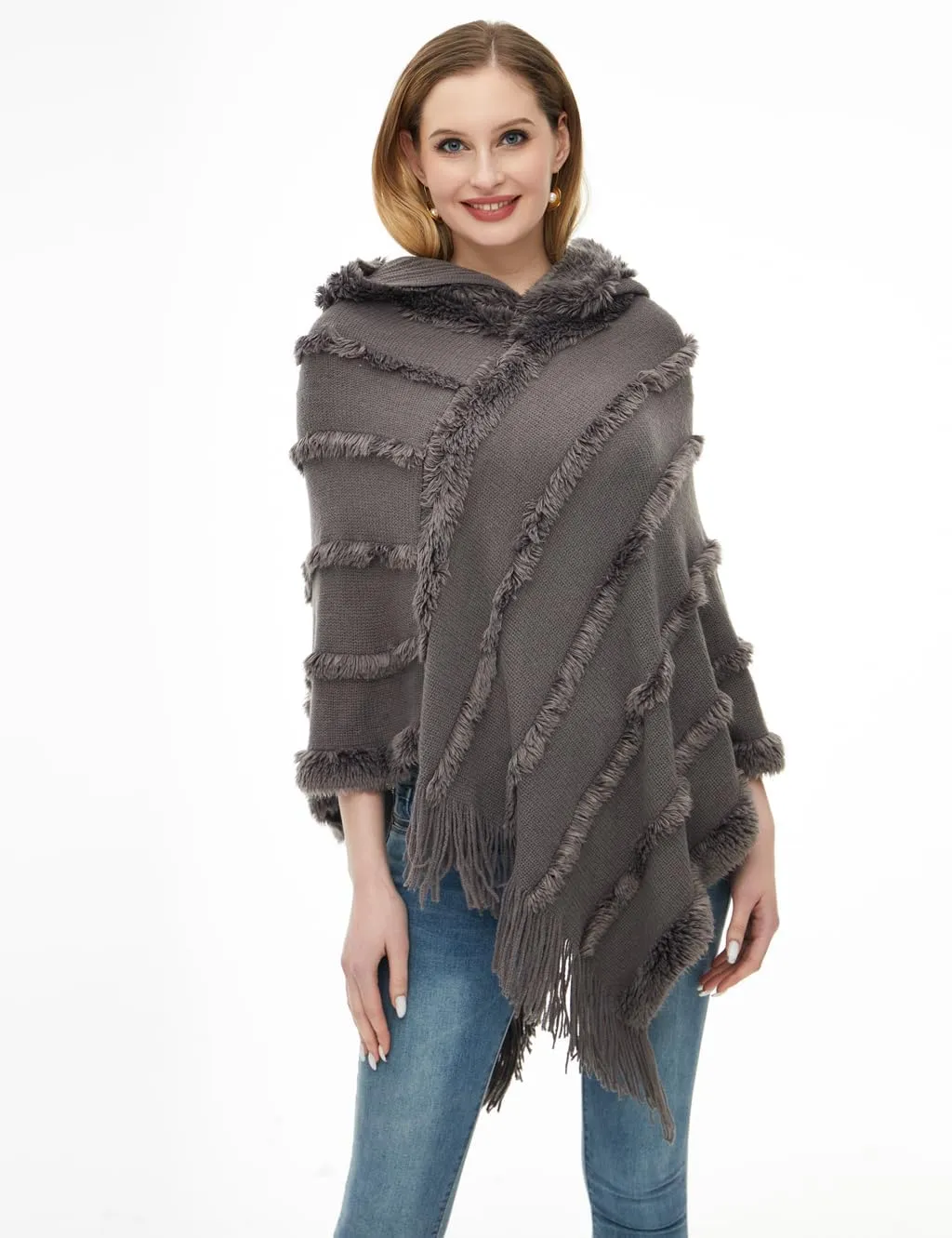 Ferand Ponchos for Women, Fuzzy Knitted Shawl with Fringe, Cozy and Striped Poncho Sweater for Fall and Winter