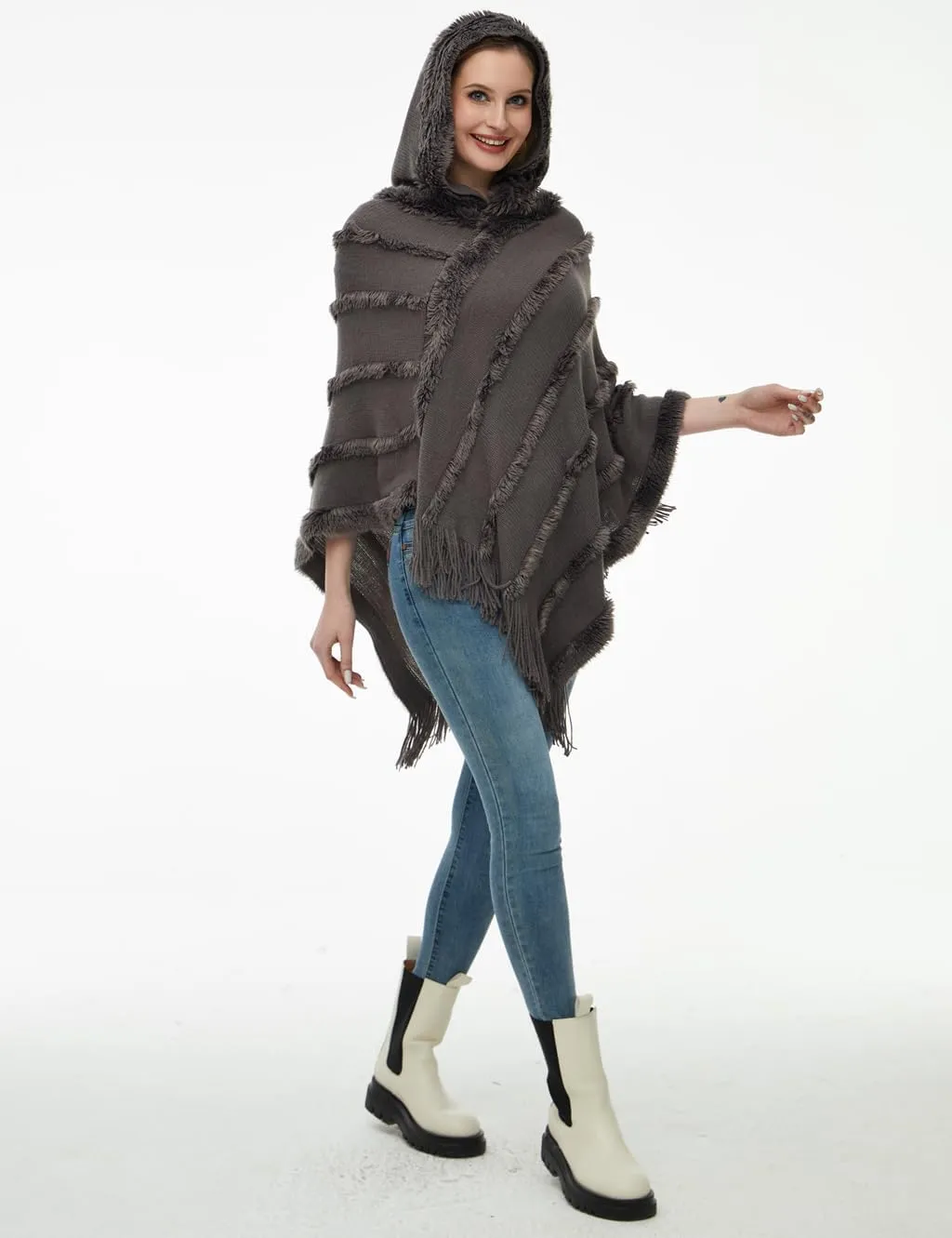 Ferand Ponchos for Women, Fuzzy Knitted Shawl with Fringe, Cozy and Striped Poncho Sweater for Fall and Winter