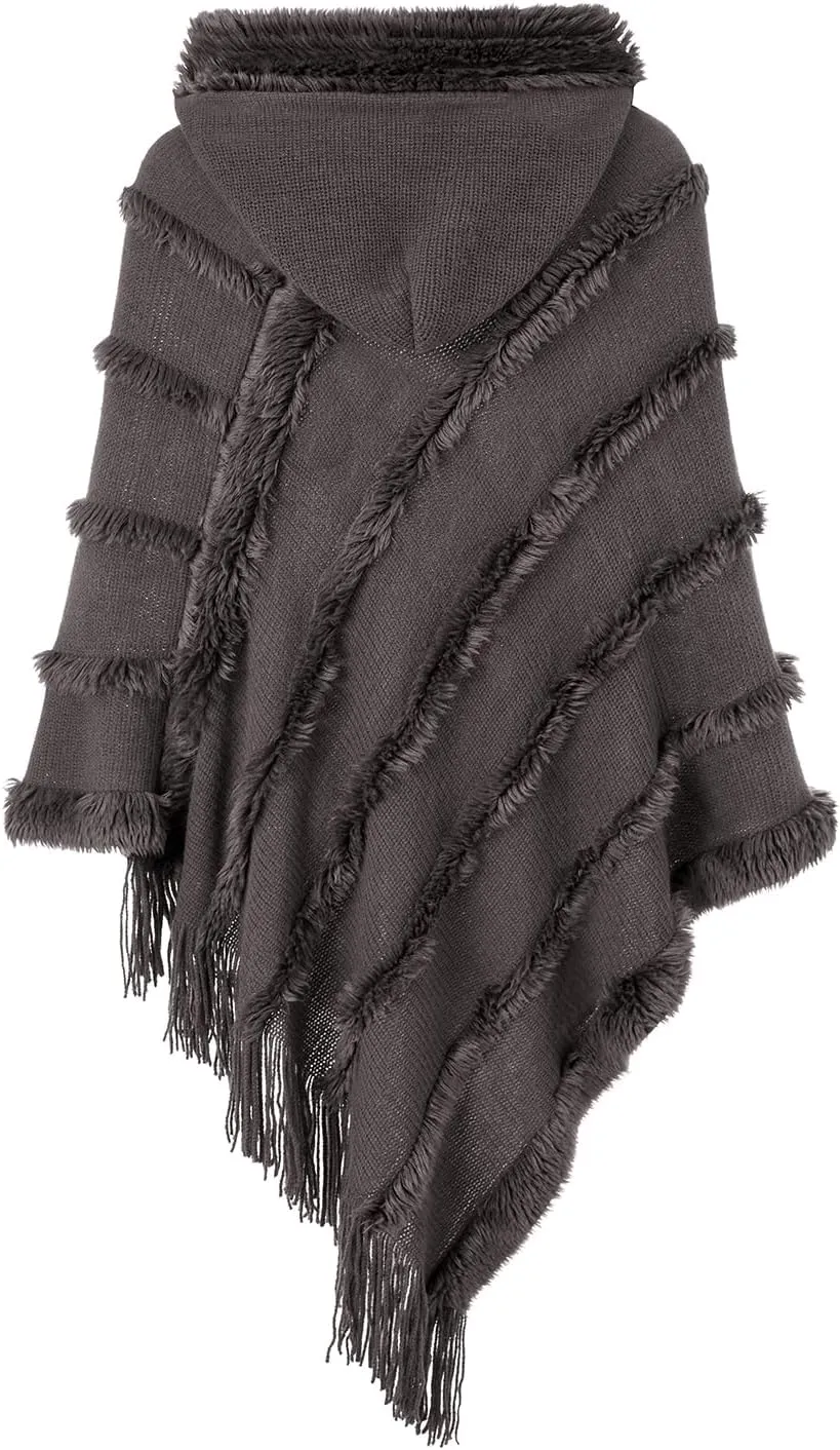 Ferand Ponchos for Women, Fuzzy Knitted Shawl with Fringe, Cozy and Striped Poncho Sweater for Fall and Winter