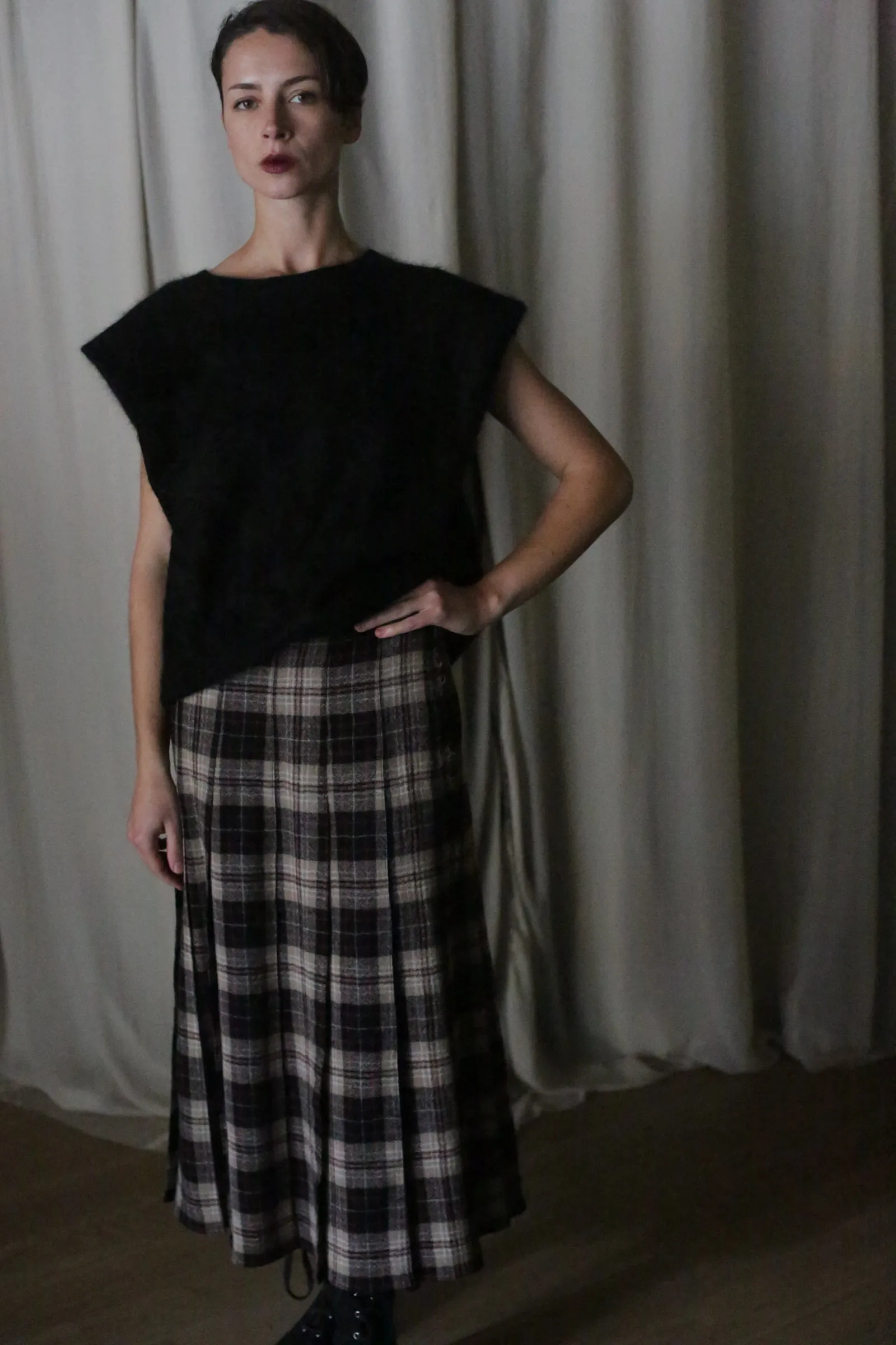 Hand Pleated Wrap Skirt | Japanese Wool Gauze Taupe Plaid