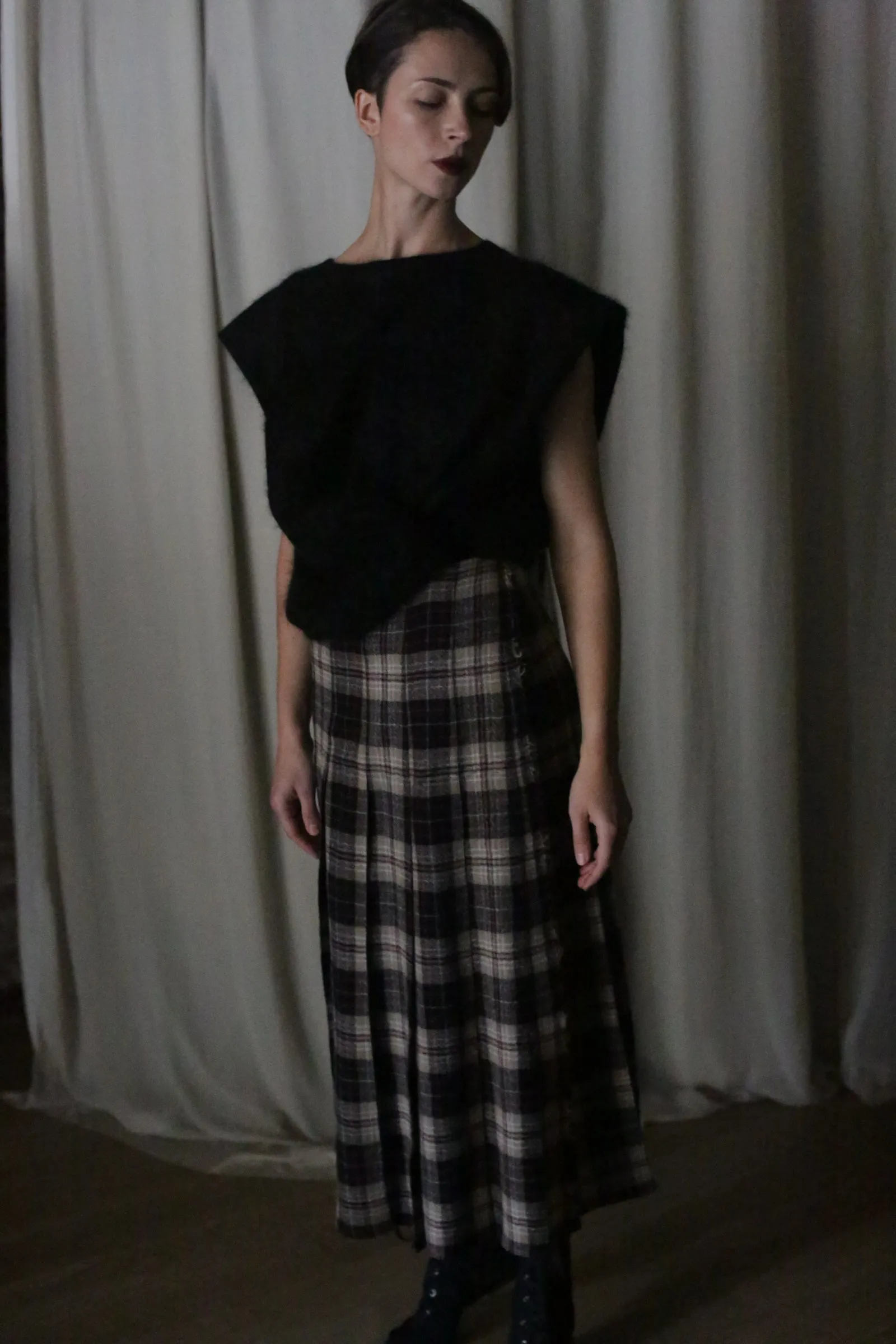 Hand Pleated Wrap Skirt | Japanese Wool Gauze Taupe Plaid