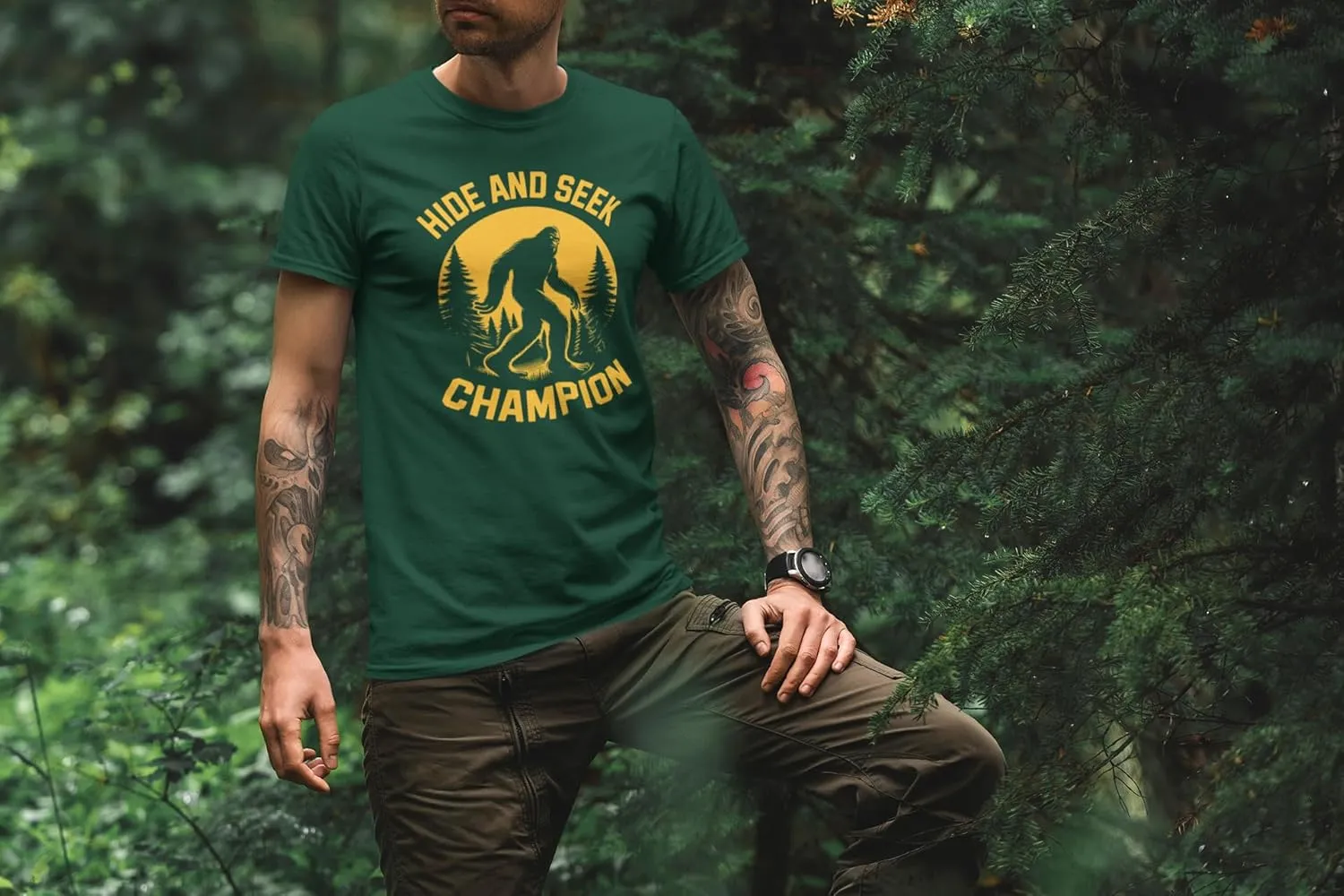 Hide and Seek Champion T-Shirt  Funny Bigfoot Graphic Sarcastic Tee for Men