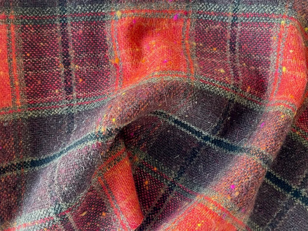 Lanificio di Pray Spicy Vermilion, Cabernet & Burnt Umber Wool Tweed Plaid (Made in Italy)