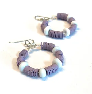 Purple and White Heishi and Glass Beaded Hoop Earrings