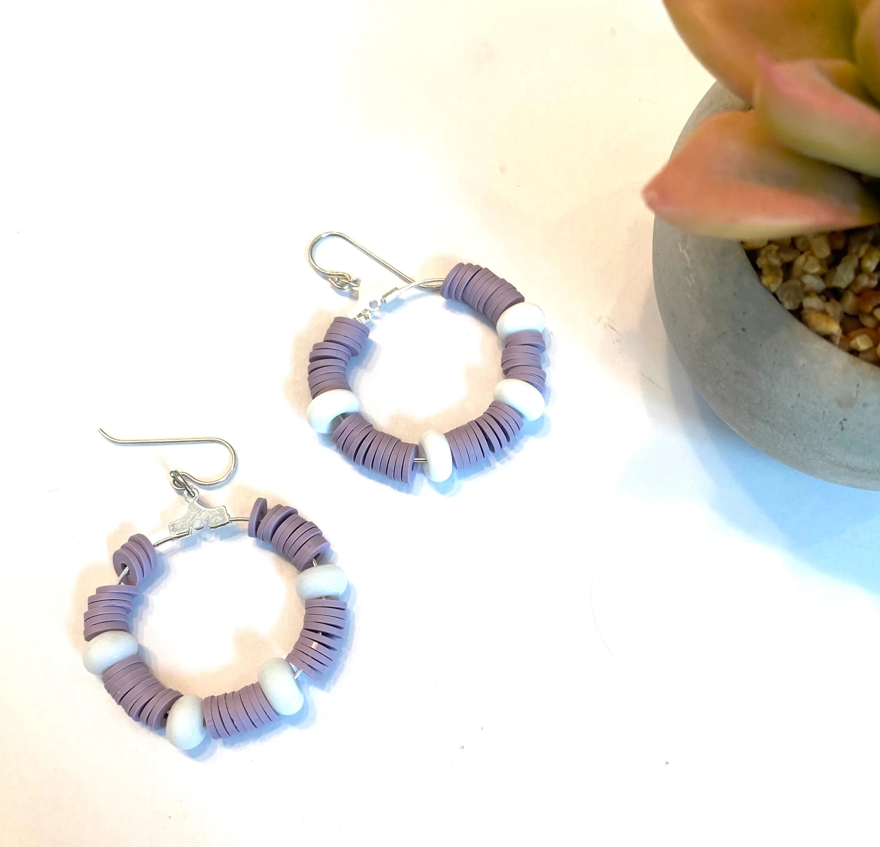 Purple and White Heishi and Glass Beaded Hoop Earrings