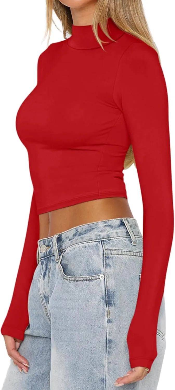 REORIA Women's Basic Mock Turtle Neck Long Sleeve Lightweight Double Lined Layering Slim Fitted Crop Top