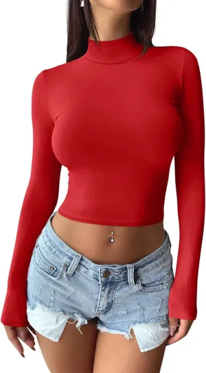 REORIA Women's Basic Mock Turtle Neck Long Sleeve Lightweight Double Lined Layering Slim Fitted Crop Top