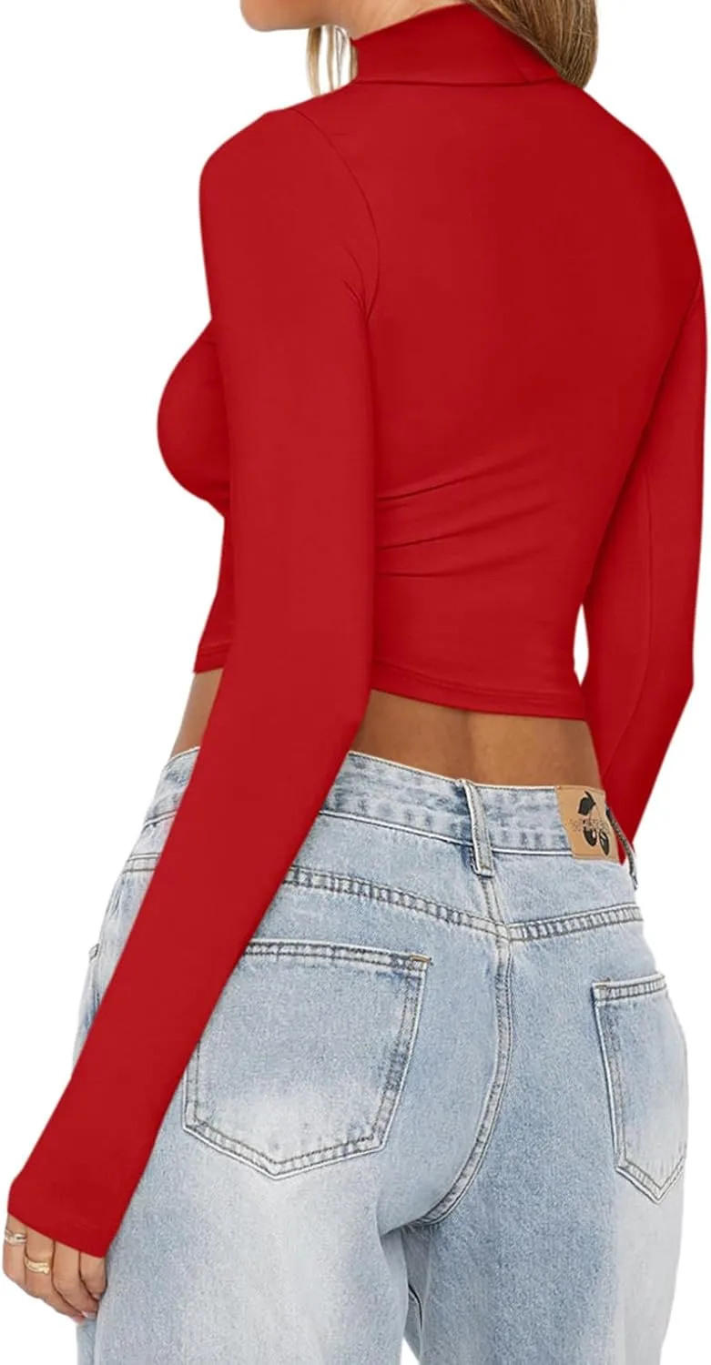 REORIA Women's Basic Mock Turtle Neck Long Sleeve Lightweight Double Lined Layering Slim Fitted Crop Top