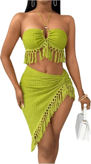 SHENHE Women's Fringe 2 Piece Vacation Outfits Halter Crop Top and Twisted Slit Skirt Set
