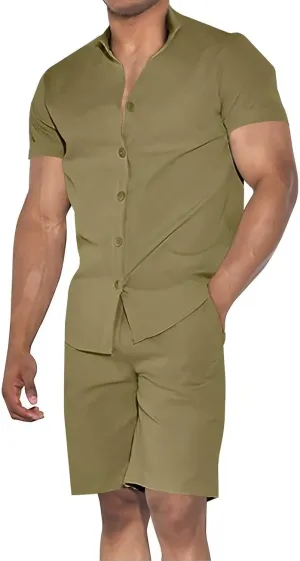 Uni Clau Mens Short Sets 2 Piece Outfits Summer Button Down Shirt and Shorts Set Beach Tracksuit