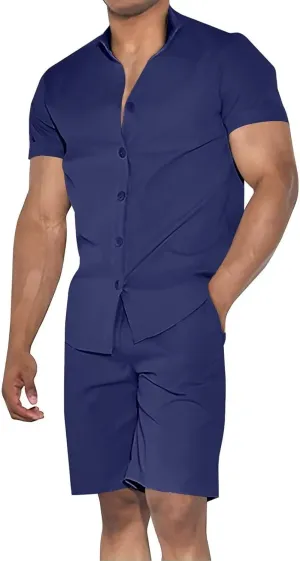 Uni Clau Mens Short Sets 2 Piece Outfits Summer Button Down Shirt and Shorts Set Beach Tracksuit