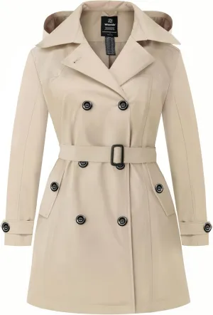wantdo Women's Plus Size Trench Coat Double-Breasted Waterproof Lapel Overcoat Stylish Pea Coat with Detachable Hood