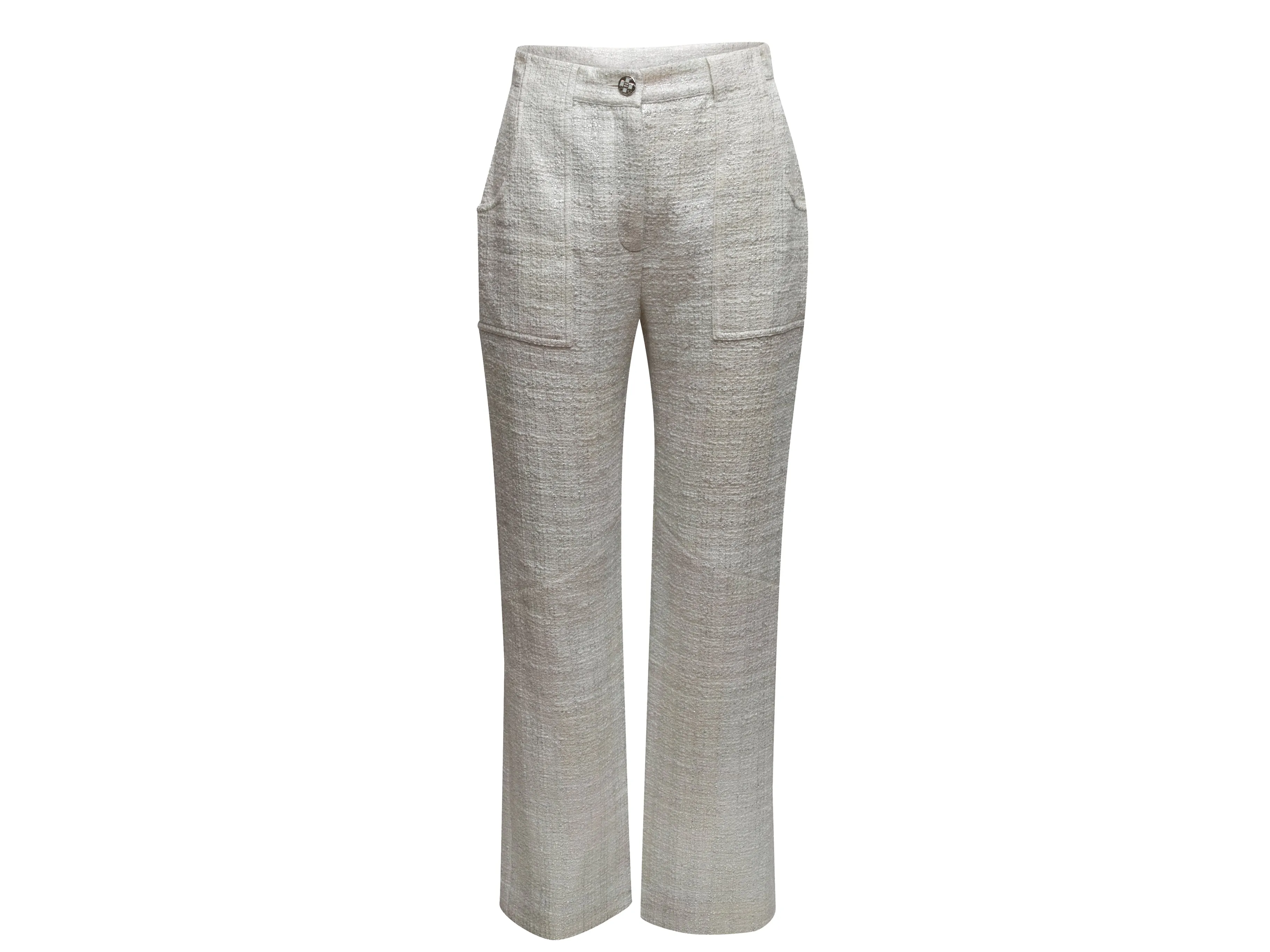 White & Silver Chanel Metallic Tweed Pants Size FR 38